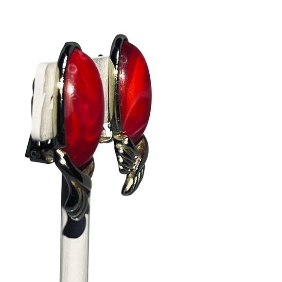 Vintage Coro Gold Tone And Marbled Tomato Cabochon Clip On Earrings (5863) - Picture 5 of 7